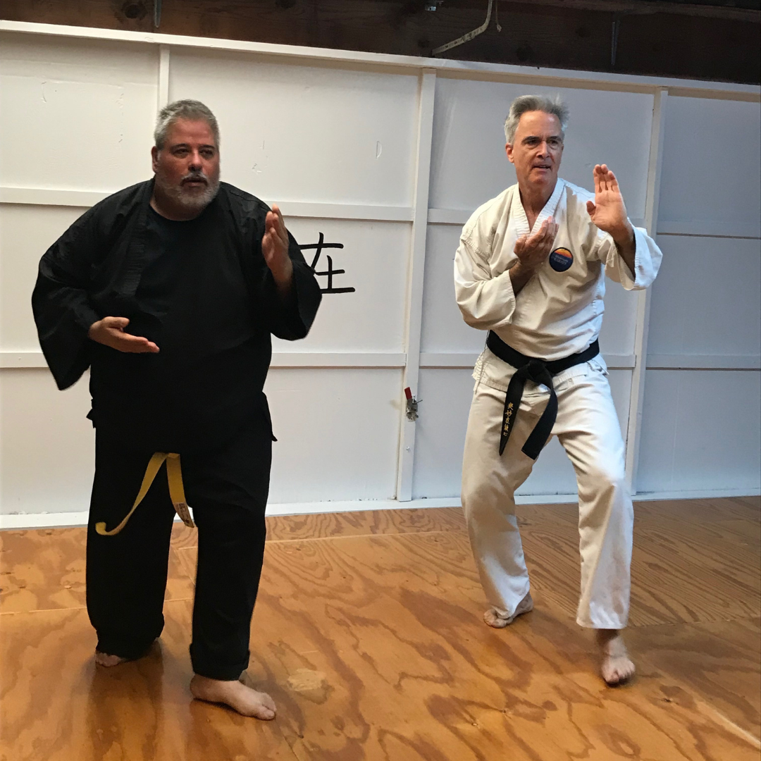 Michael Lushington and his student train in the Castro Valley Mountain Karate dojo.